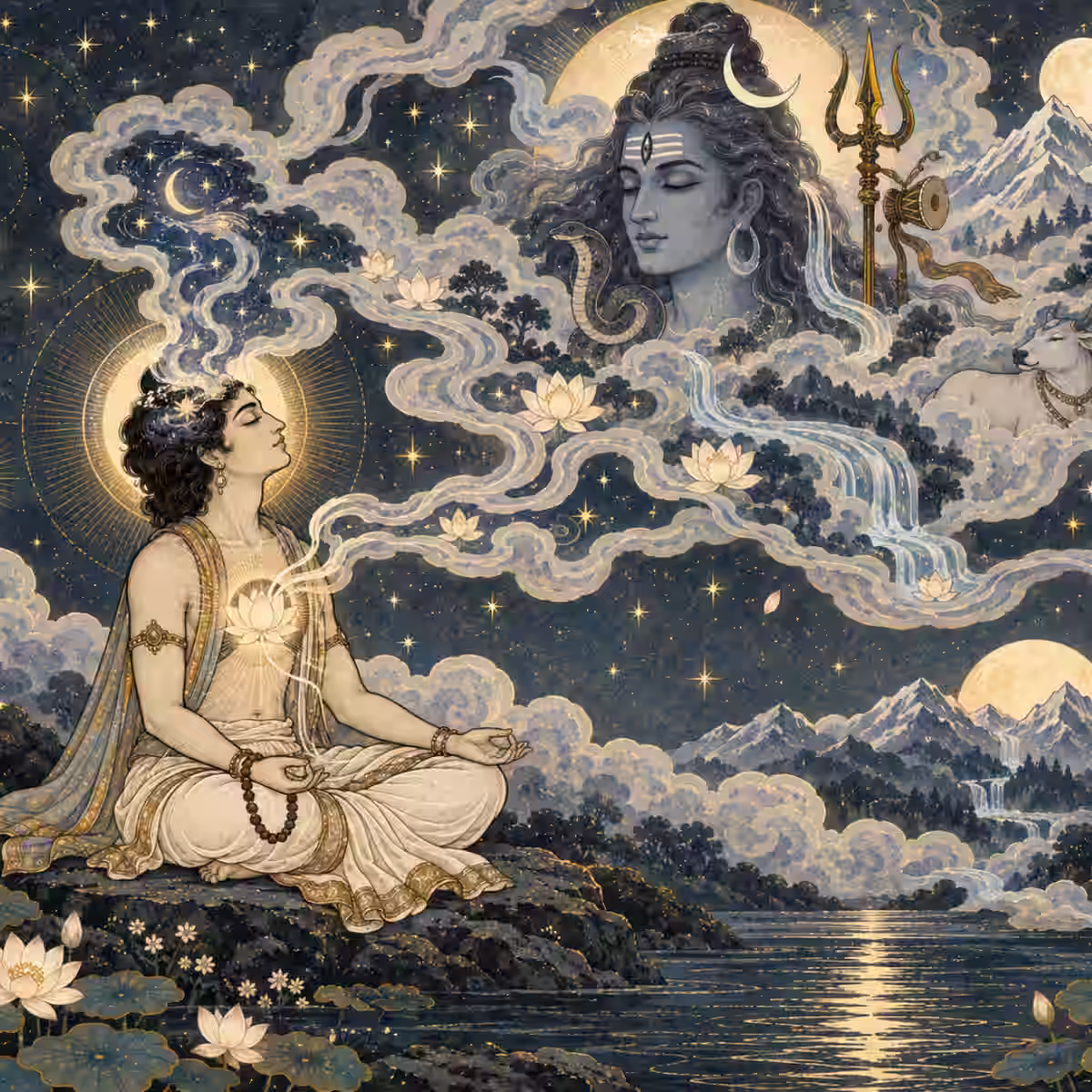 A seeker in deep meditation by a river, experiencing awakened inner consciousness and a cosmic connection to Lord Shiva and higher dimensions.