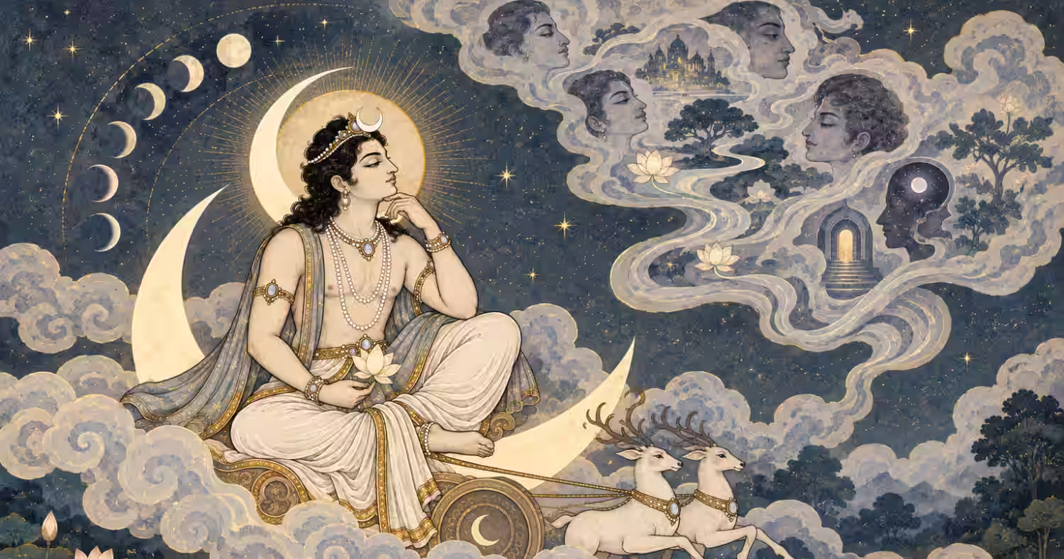 An artistic depiction of Chandra, the Moon god, seated on a crescent moon, representing the wandering human mind and worldly illusions that can be calmed by Lord Shiva's grace.