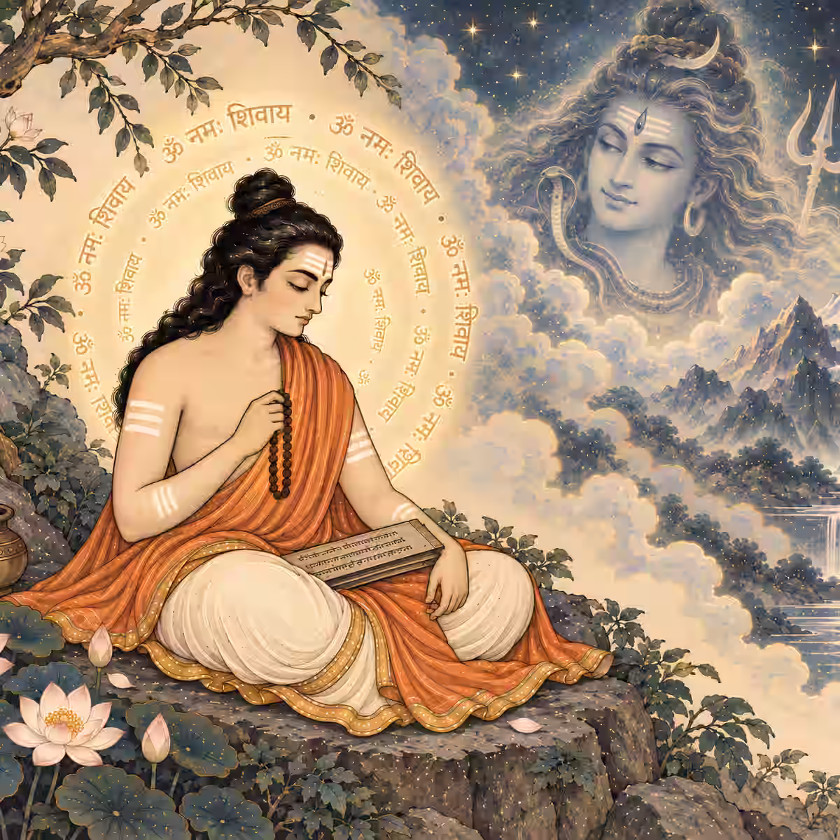 : A devoted seeker chanting the Om Namah Shivaya mantra with a rudraksha mala. The sacred Sanskrit syllables form a protective aura around him as Lord Shiva bestows blessings from the starry Himalayan sky.