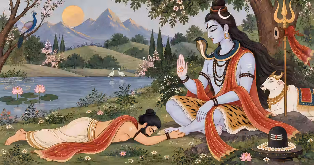 A humble devotee prostrating completely at the feet of Lord Shiva in nature, illustrating the power of absolute surrender and devotion to Bholenath.