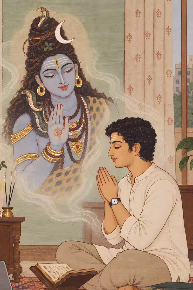 A young devotee experiencing mental clarity and peace while deeply focusing and chanting the Shiva Gayatri mantra at home.