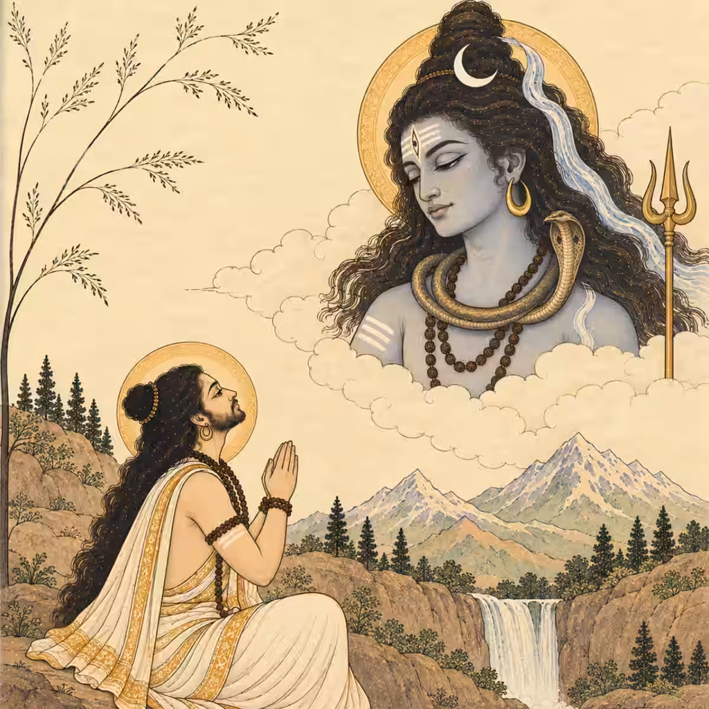 A devoted spiritual seeker meditating outdoors near a waterfall, experiencing a serene, divine vision of Bhagavan Shiva in the clouds above.