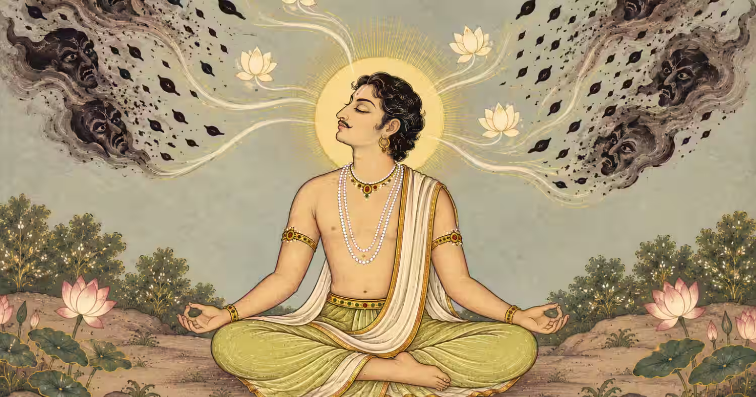 A seated yogi meditating deeply, successfully repelling dark, anxious thought clouds and negative energies to achieve a state of inner calm.