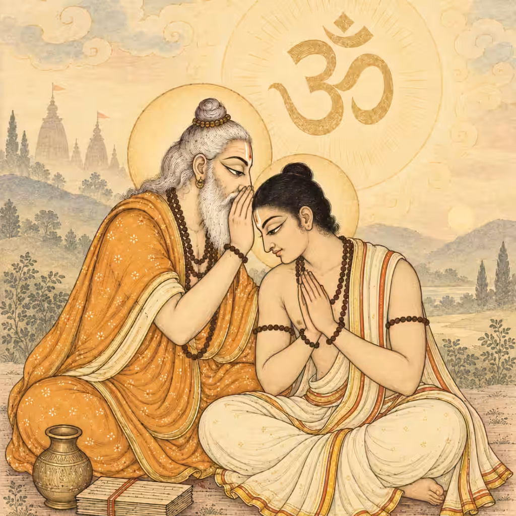 A traditional Vedic Guru whispering a sacred mantra into the ear of a young disciple, highlighting the importance of proper initiation for Om chanting.