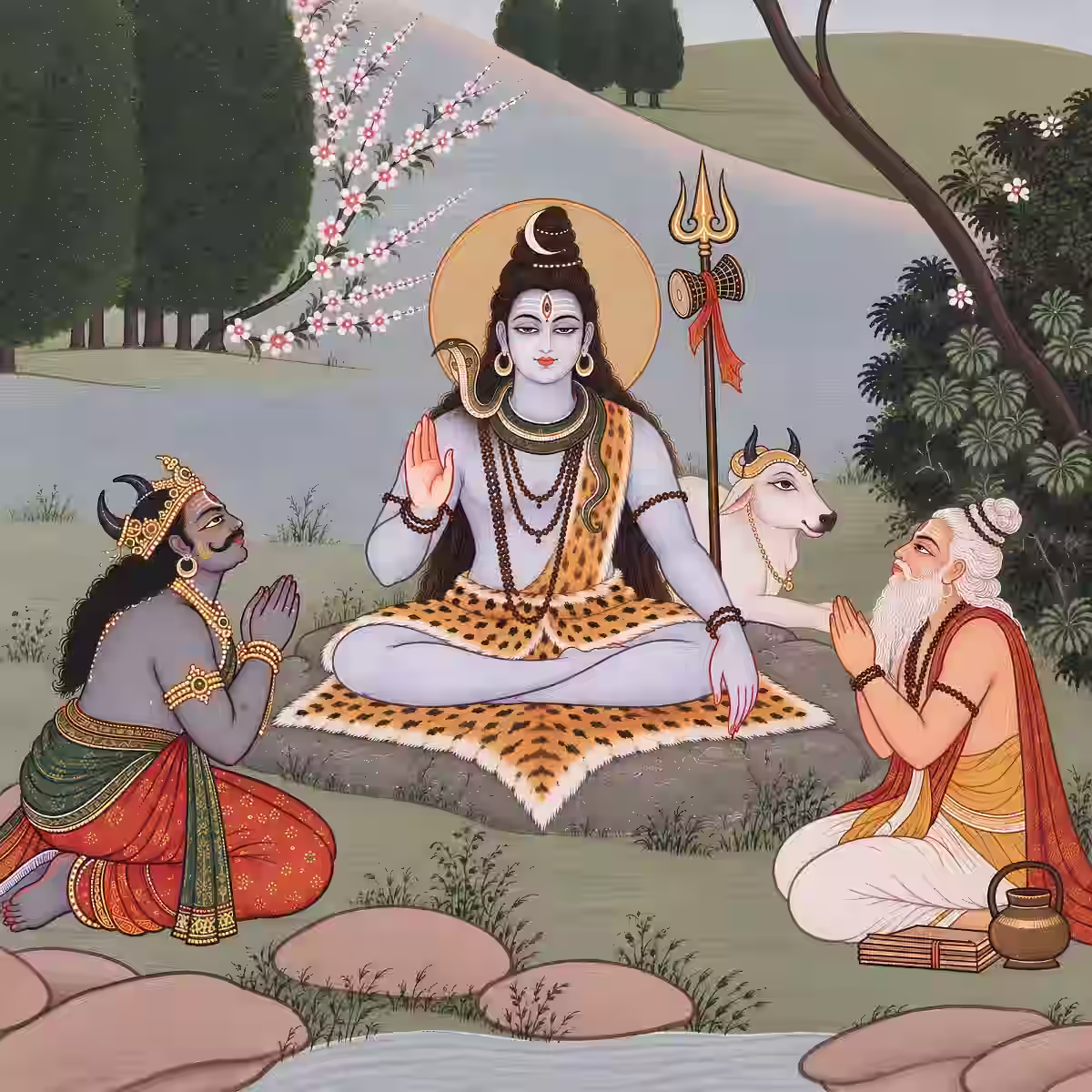 Lord Shiva seated serenely in nature, bestowing wisdom and divine shelter to his devotees and sages.