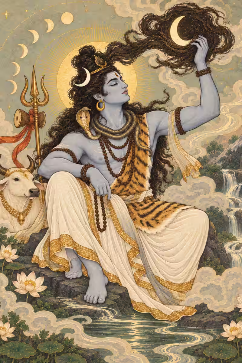 Lord Shiva peacefully holding the crescent moon in his flowing hair, visually representing his divine control over the human mind and its illusions.
