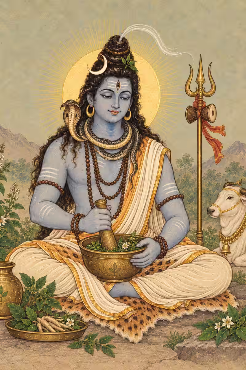 Lord Shiva depicted as Baidyanath, grinding Ayurvedic medicinal herbs in a mortar and pestle, symbolizing his role as the master of health and healing.