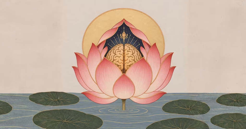 An artistic illustration of a human brain resting inside a blooming pink lotus.