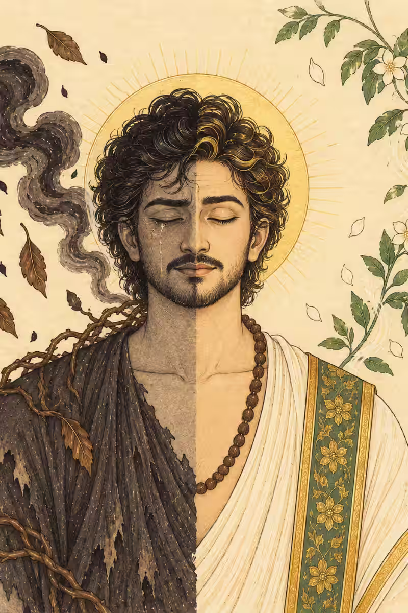 A split visual showing a man transitioning from dark, thorny mental blockages and suffering to a state of peace, lightness, and healing.