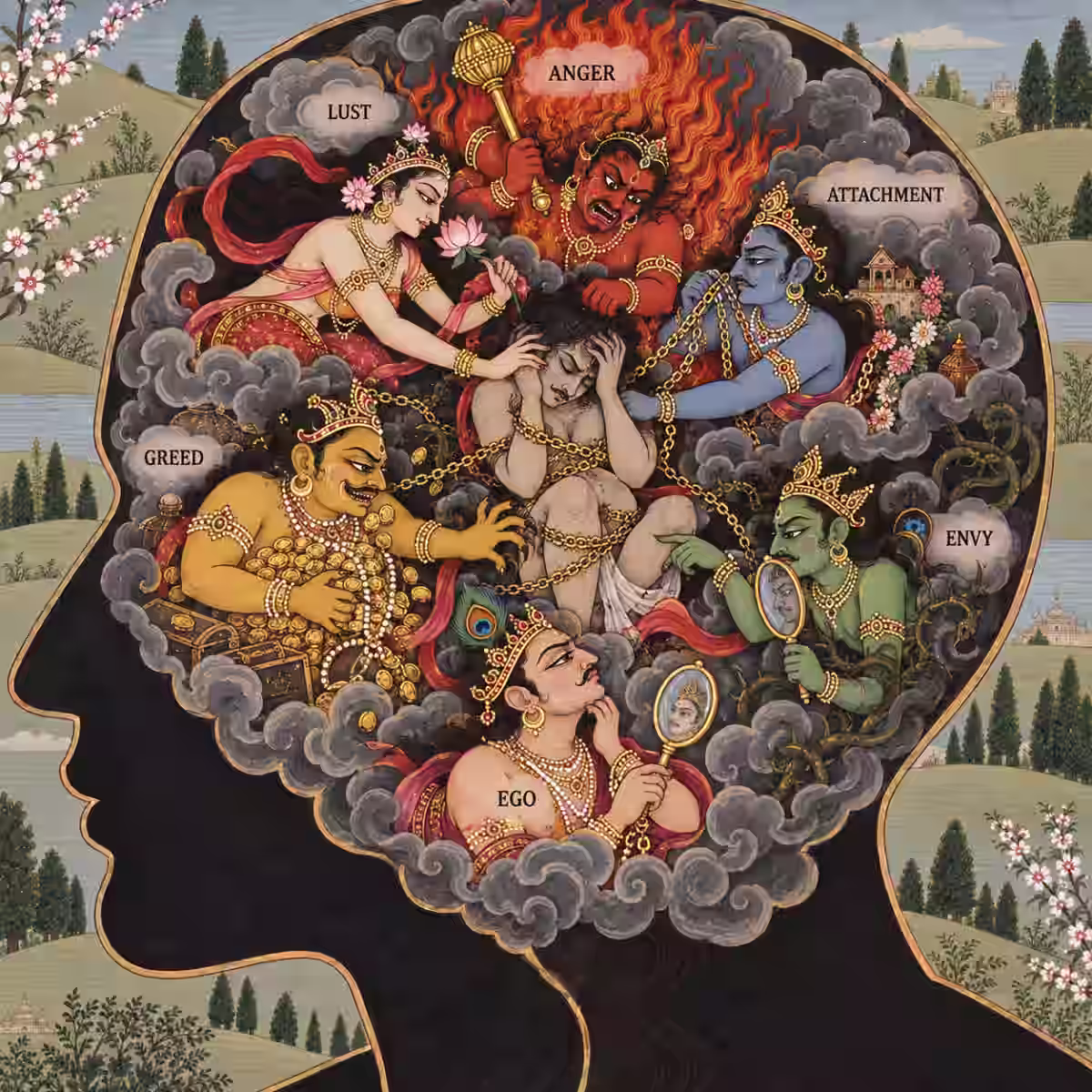 A visual representation of a human mind struggling with the six vices such as ego, anger, and greed, which can be tamed through Shiva mantra chanting.