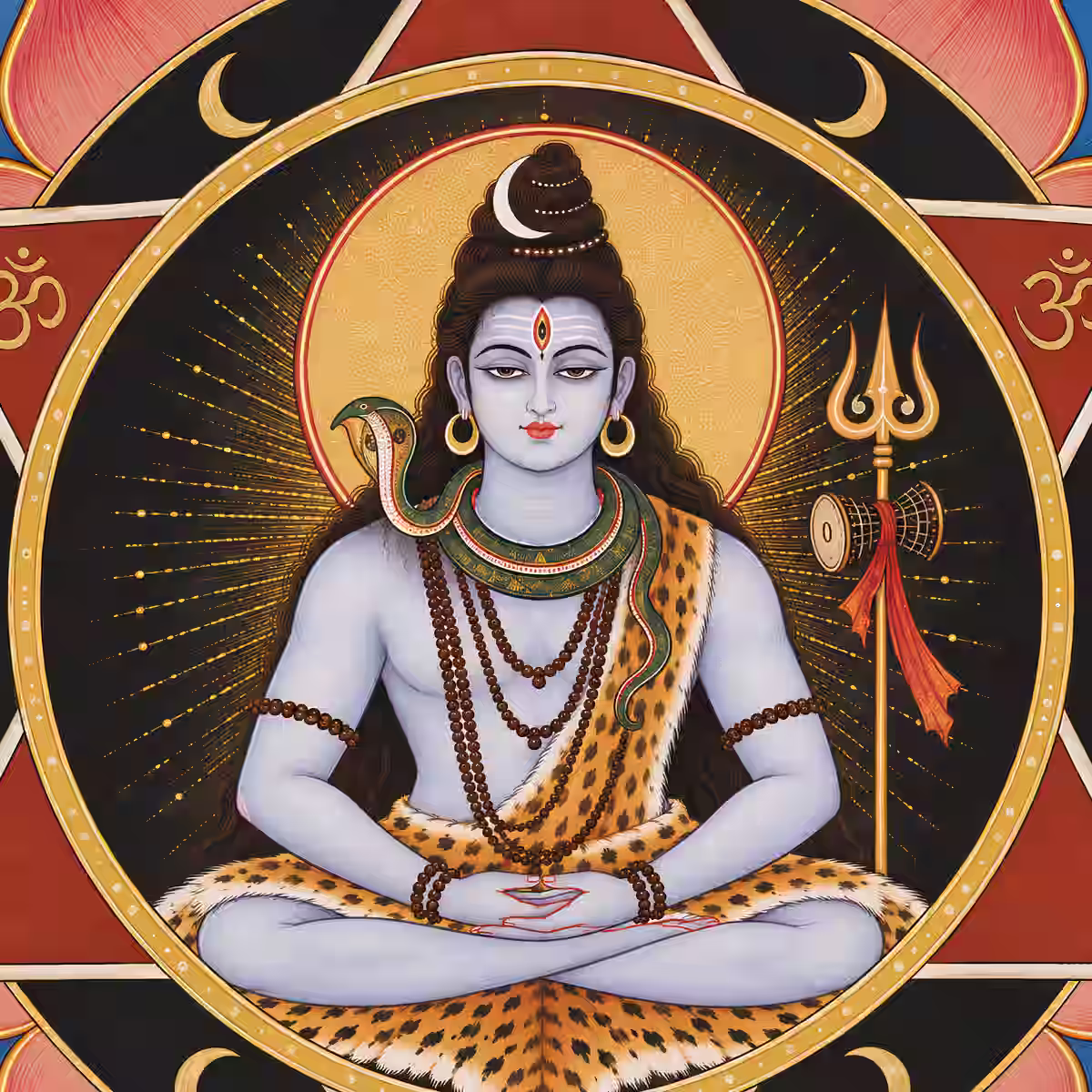 Lord Shiva depicted within the sacred geometry of a mandala, representing the Shiva Yantra complete with the central bindu and interlocking triangles.