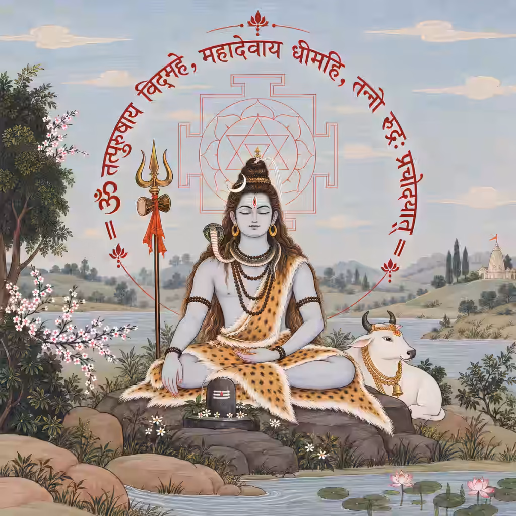 A serene depiction of Lord Shiva meditating in nature with Nandi, surrounded by the complete Shiva Gayatri Mantra written in Sanskrit. A sacred Yantra geometric pattern glows in the background.