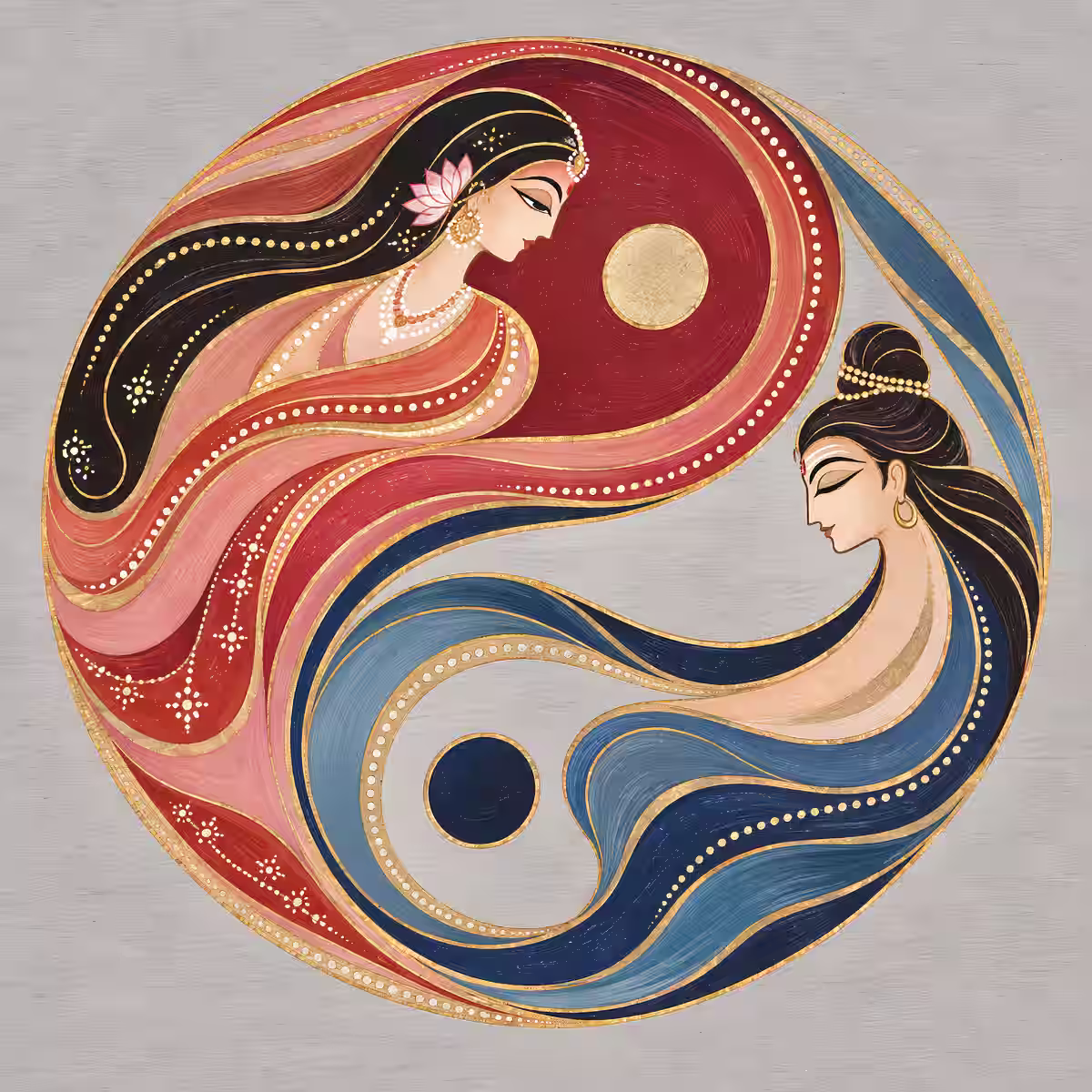 An artistic illustration of masculine and feminine energies balancing like Yin and Yang, representing the profound balance within the Shiva Gayatri mantra.