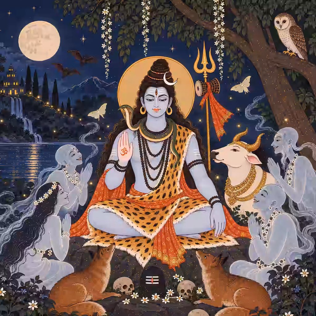 Lord Shiva surrounded by nocturnal animals and spirits, symbolizing his power to regulate sleep cycles, dissolve fears of ghosts, and cure insomnia.
