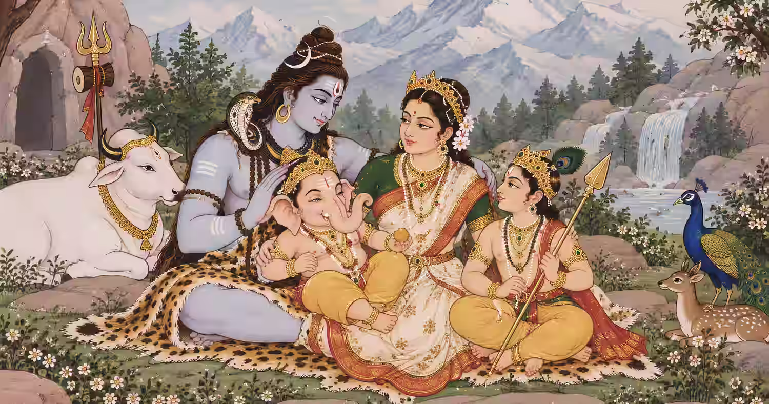 Lord Shiva as the perfect householder alongside Goddess Parvati, Lord Ganesha, and Lord Murugan, proving that one can be detached while fulfilling material duties.
