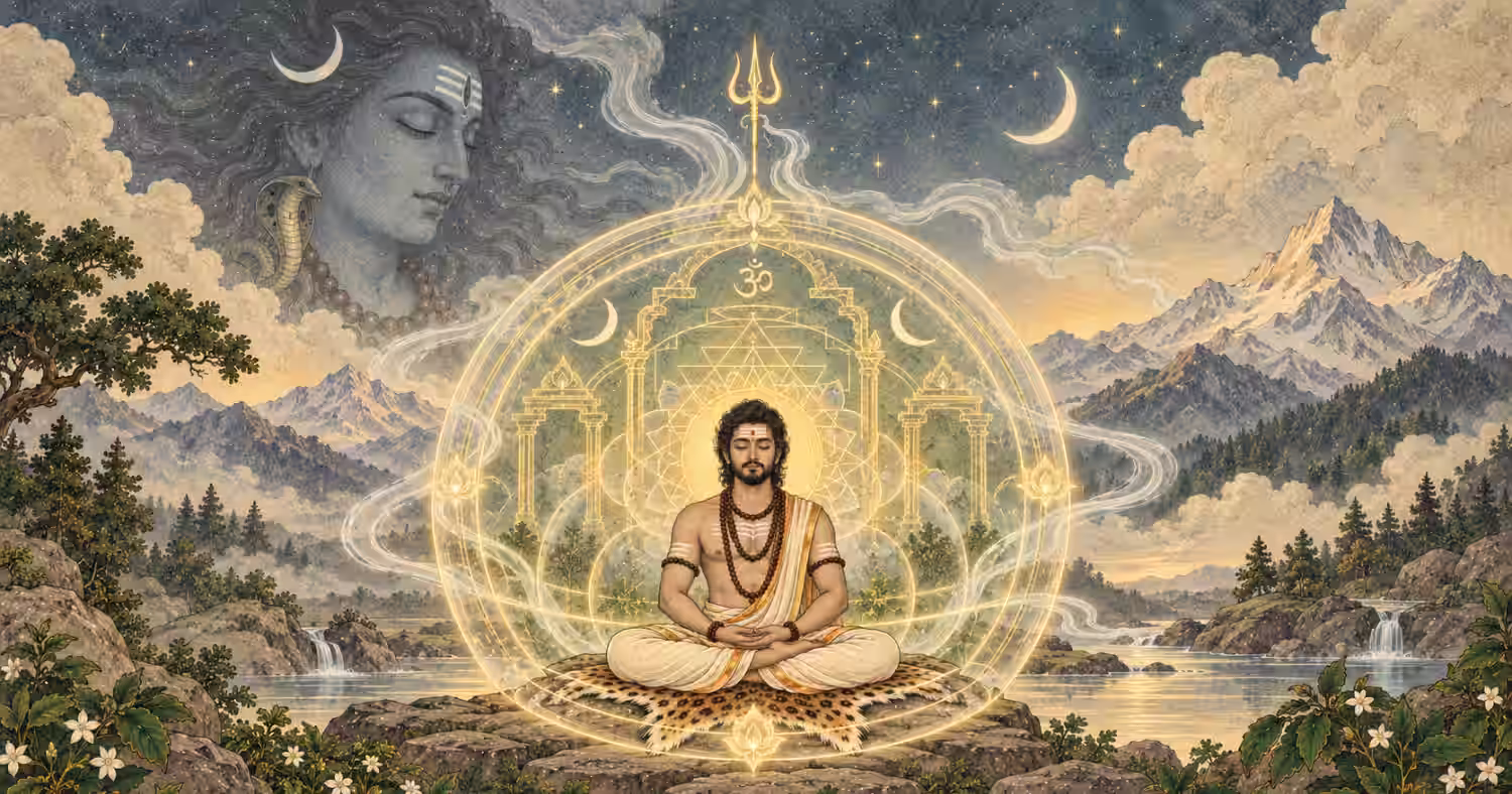 A devoted practitioner meditating within the sacred, glowing geometry of the Sri Shiva Panchakshari Yantra, invoking the divine protection and cosmic energy of Bhagavan Shiva.