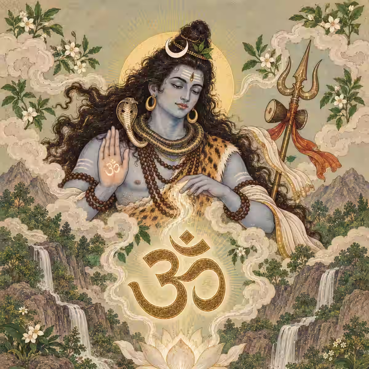 A majestic illustration of Lord Shiva blessing the universe from the mountains, accompanied by a large, glowing golden Om symbol.