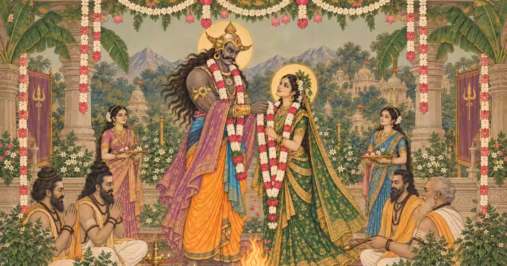 A vivid illustration showing the wedding ceremony of the pious Tulsi Devi and the demon king Jalandhar, referencing the legend of why Tulsi malas are avoided in Mahadev’s worship.