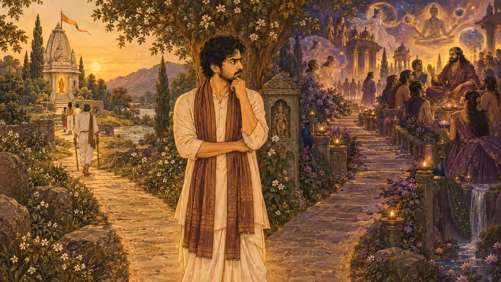 Reflective man stands between two spiritual paths, considering which direction to follow.