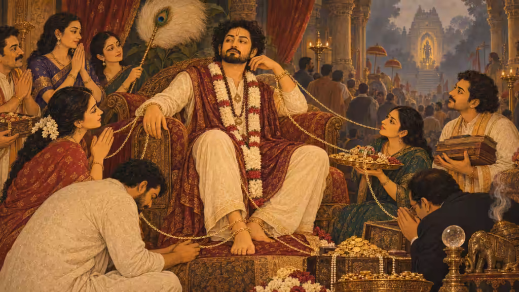 A spiritual seeker surrounded by devotees bound to him with golden chains, symbolising attachment, dependency and the need for detachment.