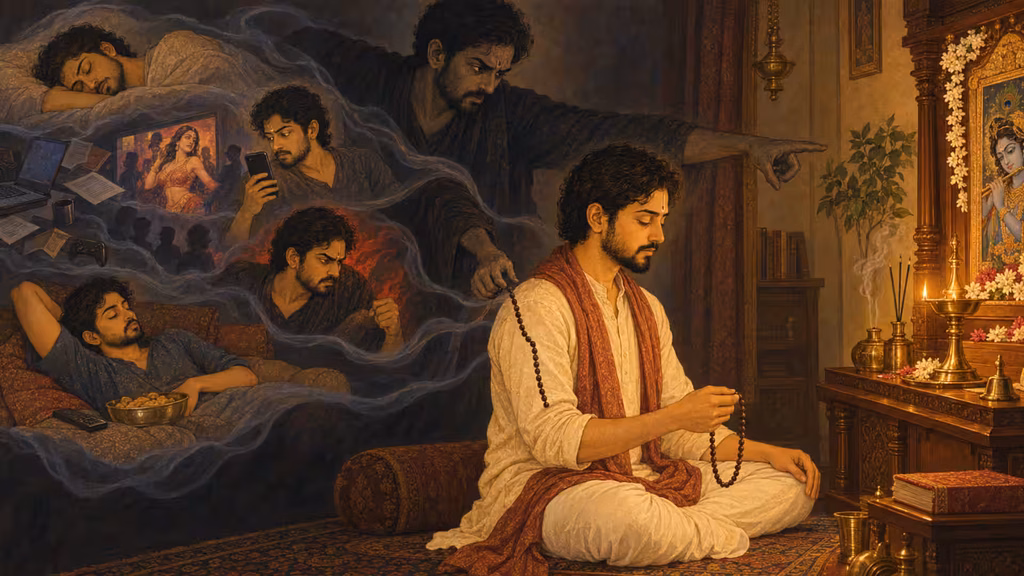 Man meditates before Krishna while dark images of distractions, anger and indulgence recede behind him.
