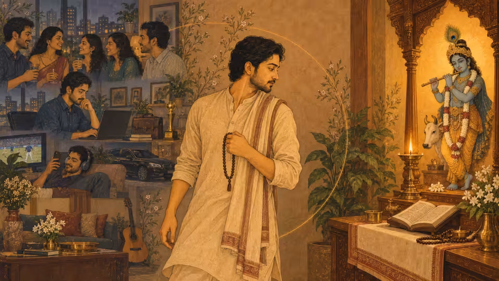 Man turns from work, entertainment and social life toward prayer before Krishna.