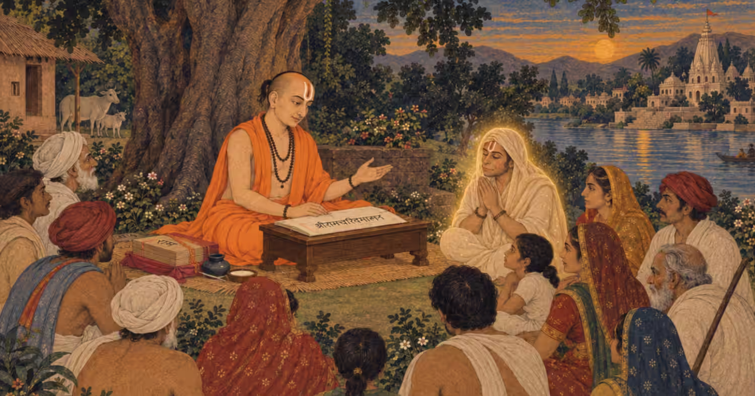 Goswami Tulsidas reciting the sacred Ram Katha to a gathering of devoted listeners beneath a banyan tree.