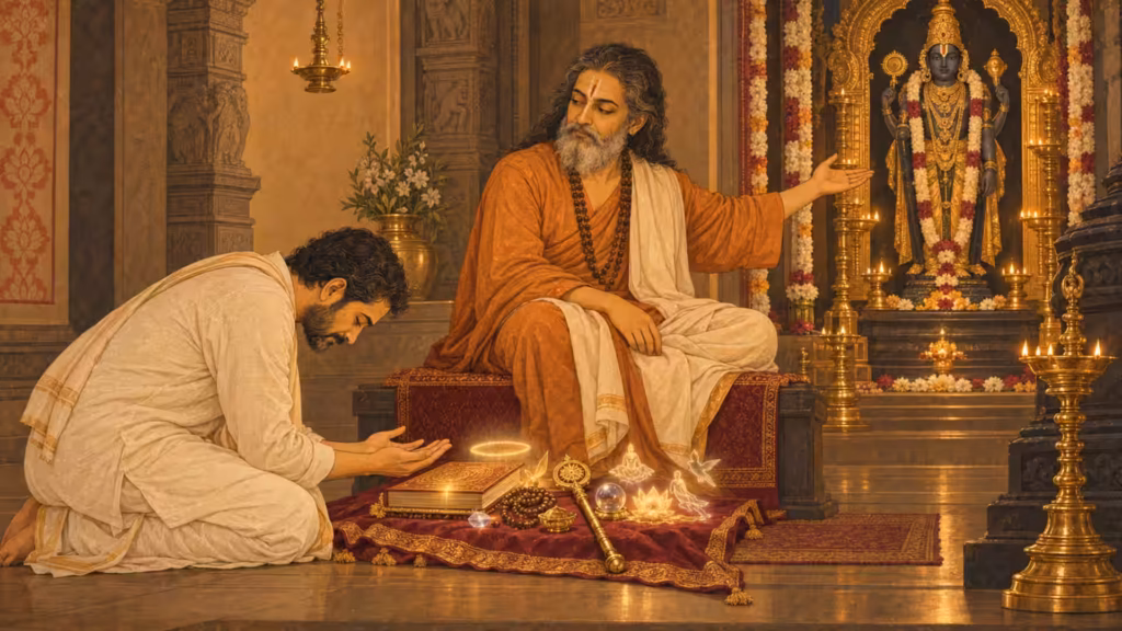A disciple bows before a spiritual guru receiving guidance beside sacred scriptures and devotional objects in a temple.