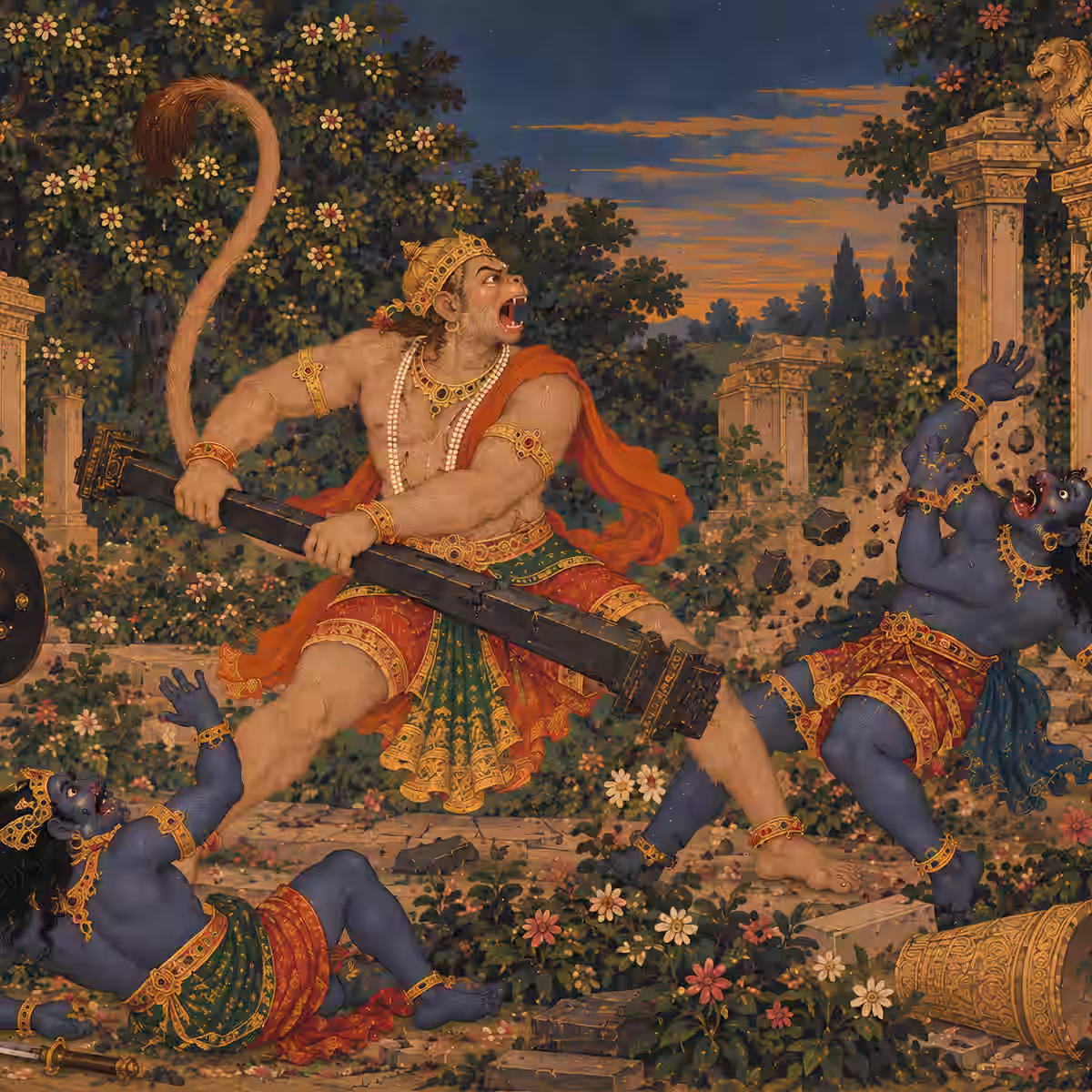 Lord Hanuman displaying immense physical prowess while battling formidable demons.