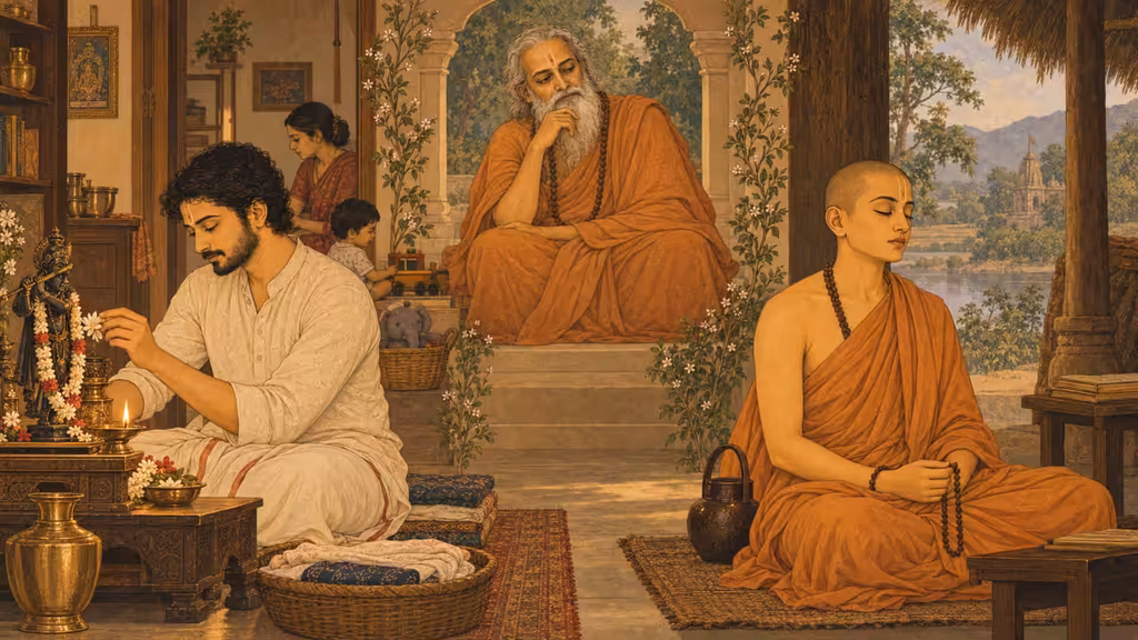 A householder worships Krishna beside a meditating renunciate while a spiritual teacher observes both paths, symbolising devotion, discipline and different approaches to spiritual life.