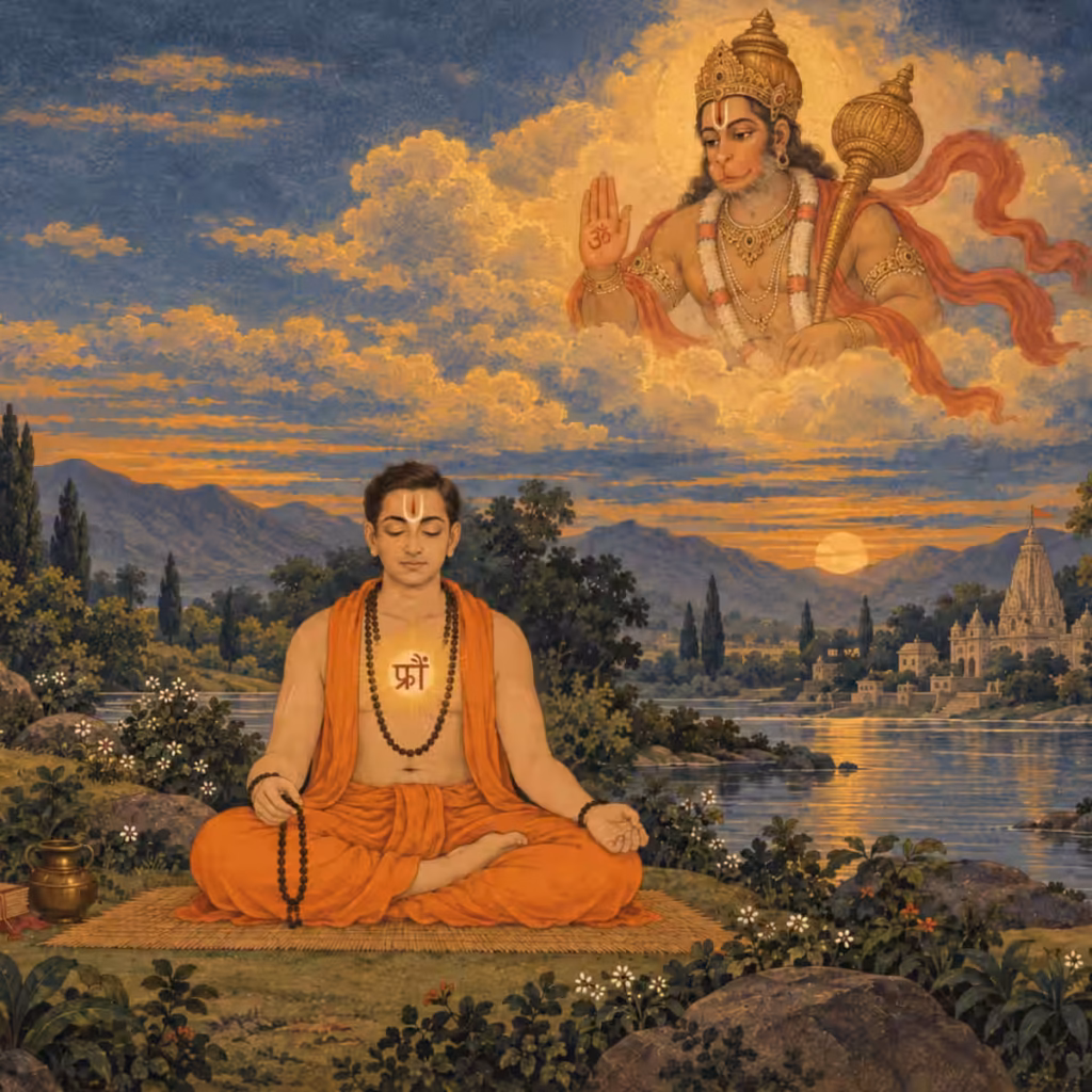 A traditional-style depiction of a devotee practicing Vedic mantra meditation by a sacred river at sunrise, receiving divine protection and blessings from Lord Hanuman appearing in the clouds.