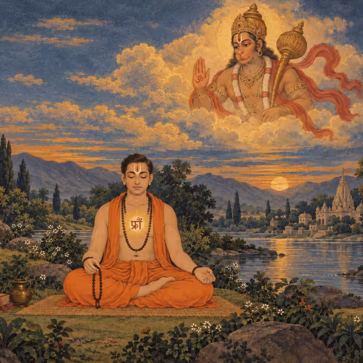 A traditional-style depiction of a devotee practicing Vedic mantra meditation by a sacred river at sunrise, receiving divine protection and blessings from Lord Hanuman appearing in the clouds.
