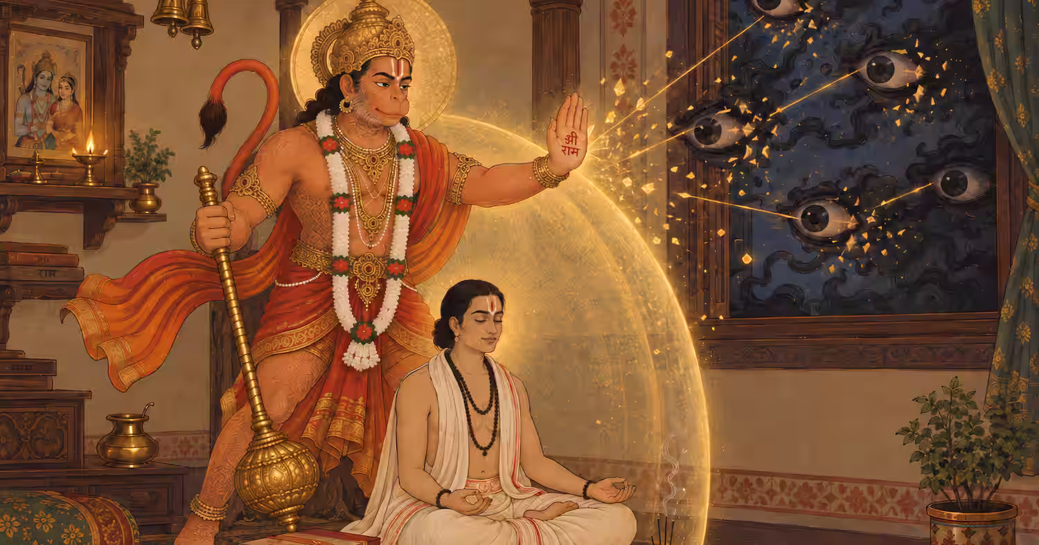 Lord Hanuman casting a golden, protective energy shield over a meditating devotee to ward off dark, shadowy forces.