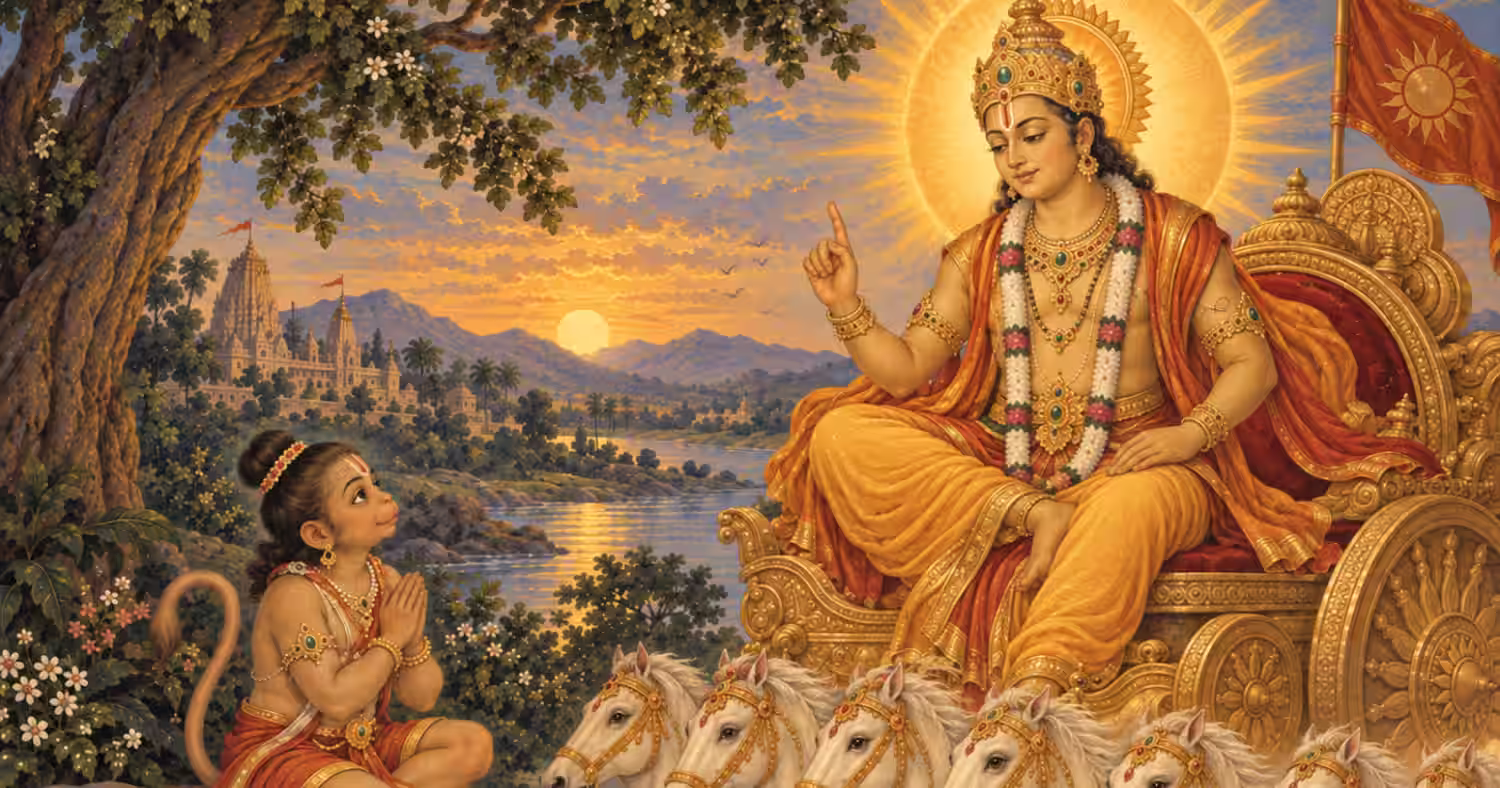 Young Lord Hanuman kneeling in reverence to receive wisdom from Surya Dev seated on his chariot.