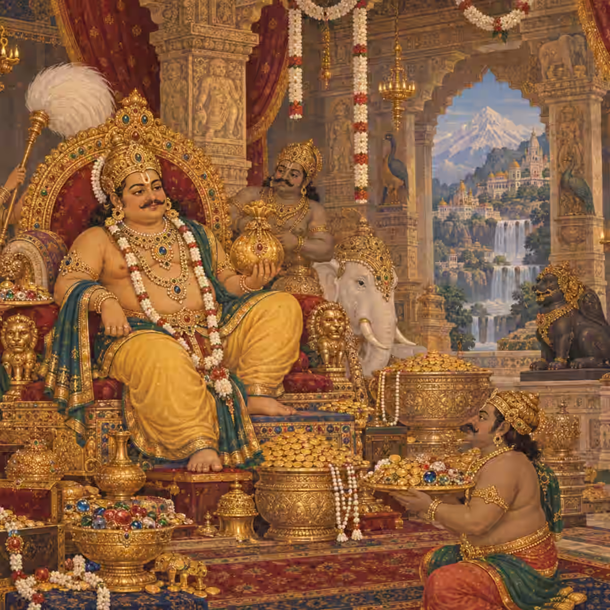 Lord Kubera, the Vedic deity of wealth and prosperity, seated on a magnificent golden throne receiving jewels and treasures.