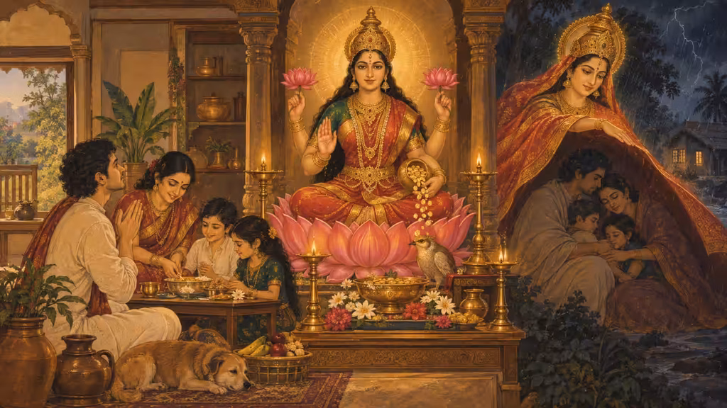 Family prays before Lakshmi while a protective presence shelters them during a storm.