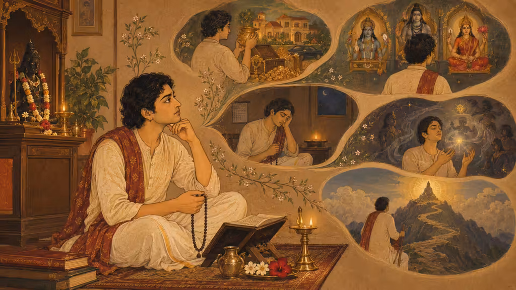 Man turns from work, entertainment and social life toward prayer before Krishna.