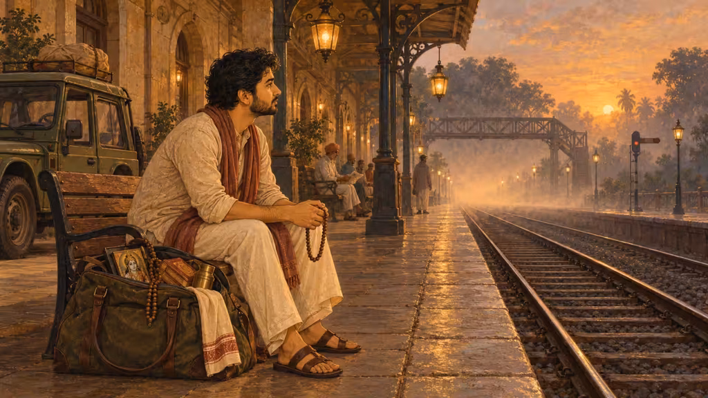 A spiritual seeker waits quietly at a railway station with prayer beads and devotional items, symbolising patience, delay, discipline and acceptance.