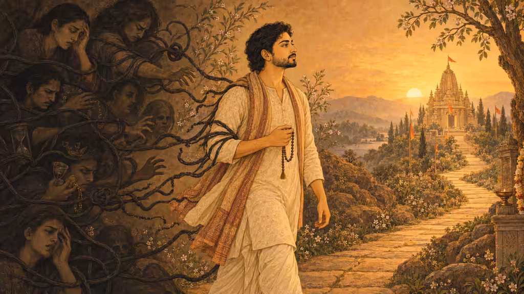 Man walks toward a sunlit temple while dark emotional burdens and entanglements fall away behind him.