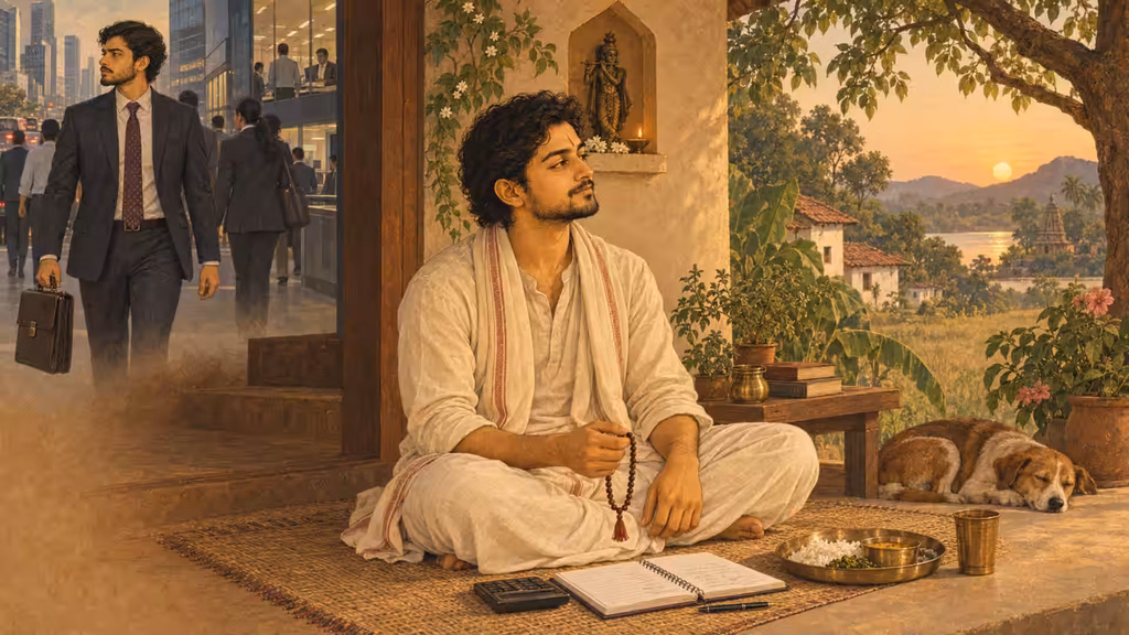 Man sits in quiet reflection between the pressures of professional life and a peaceful spiritual home.