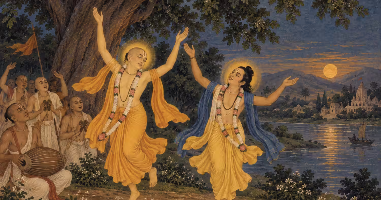 Gaura Nitai engaging in ecstatic sankirtan and chanting along a serene riverbank during a golden sunset.