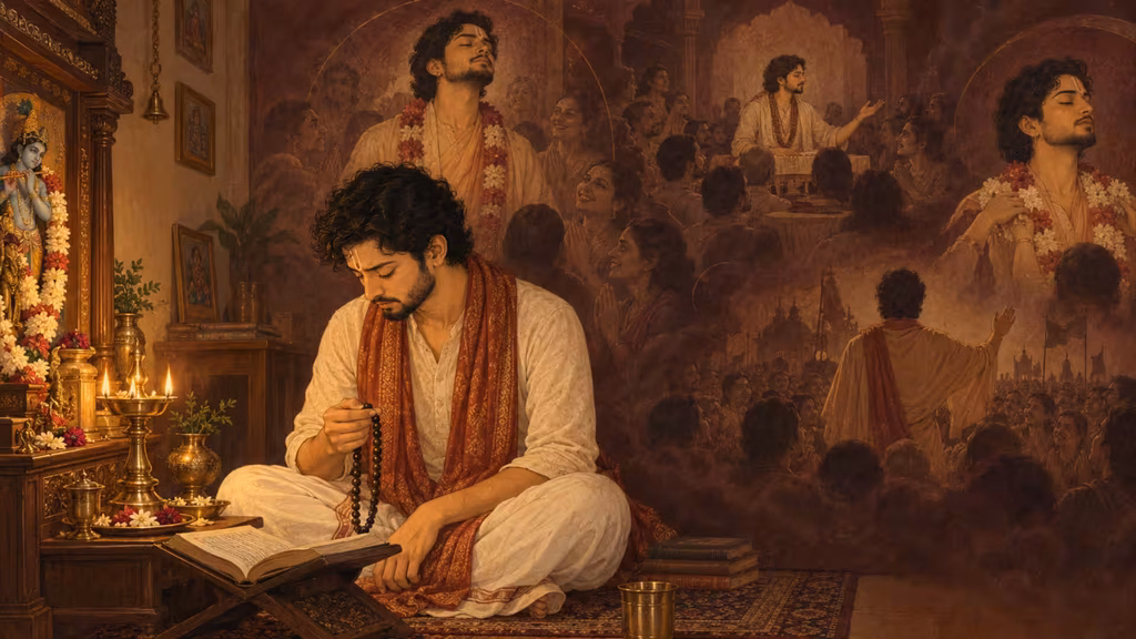 Devotee chants before Krishna while visions of spiritual fellowship and devotional service surround him.