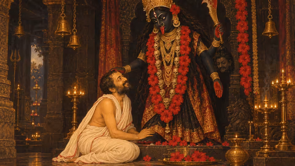 Devotee kneels at the feet of Goddess Kali in an illuminated temple filled with lamps and flowers.