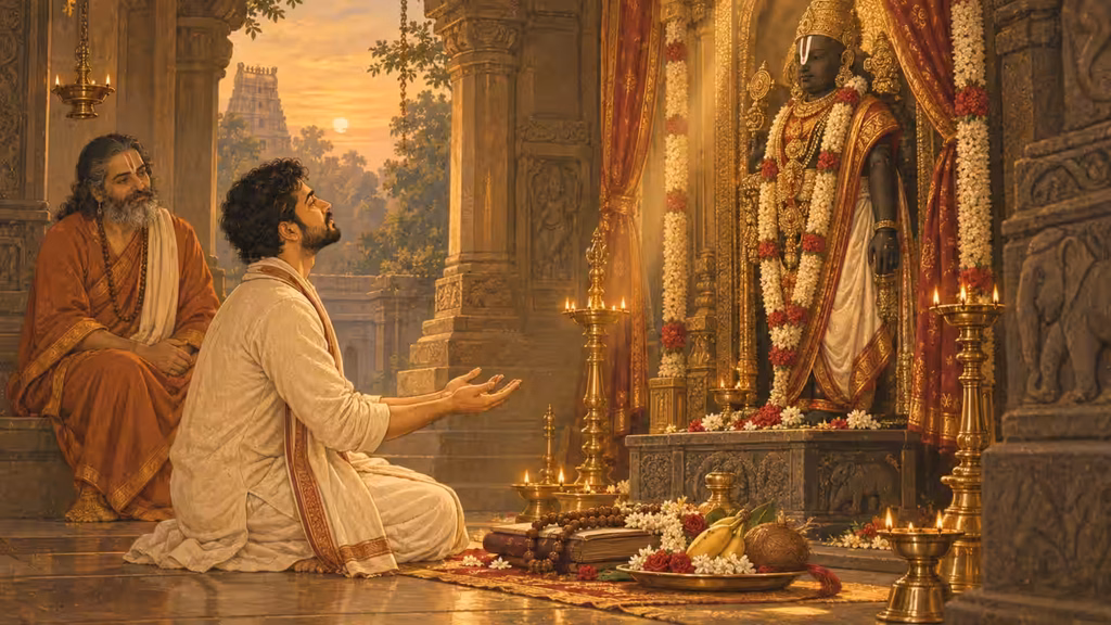 Devotee kneels before the deity with his spiritual teacher behind him in a lamp-lit temple.