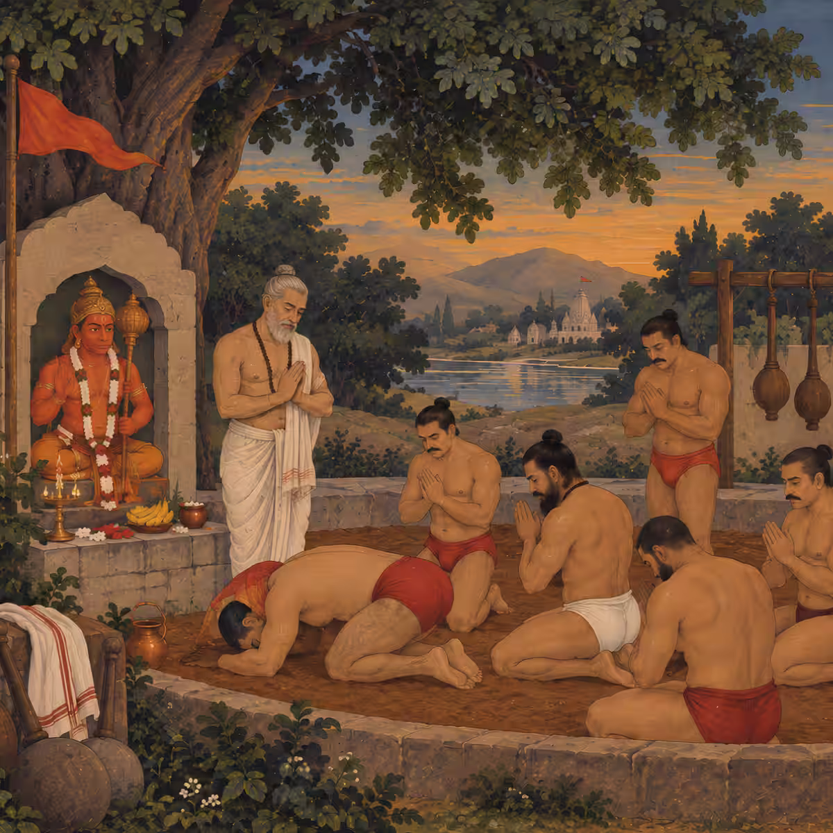 Traditional wrestlers offering respectful prayers at a mud akhara shrine dedicated to Lord Hanuman before their training.