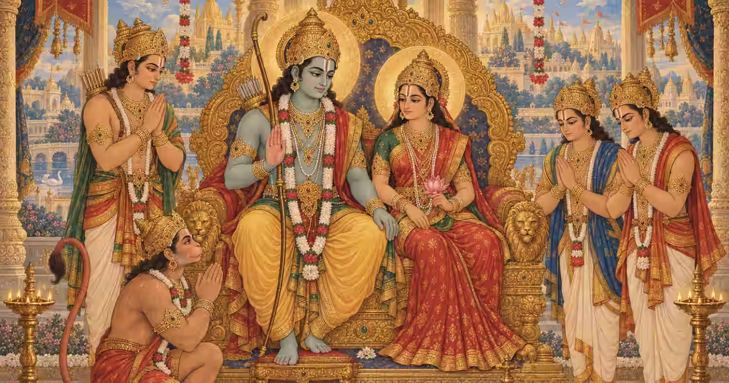 A vibrant, traditional Ram Darbar featuring Lord Rama, Goddess Sita, Lakshmana, and a kneeling Lord Hanuman.