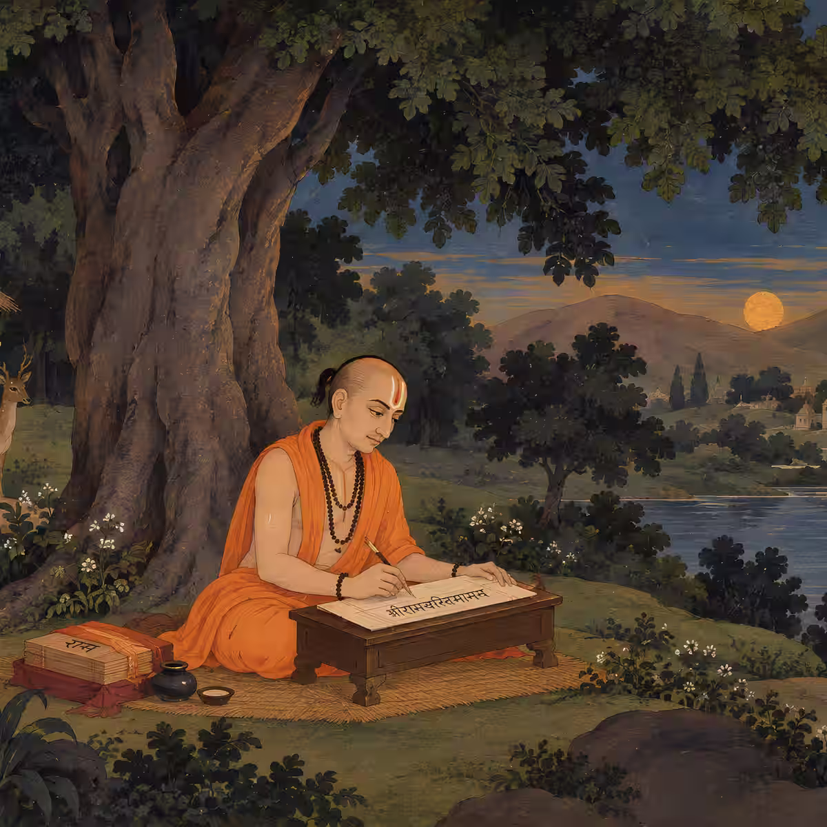 The poet-saint Goswami Tulsidas writing ancient sacred manuscripts in a tranquil forest setting at dusk.