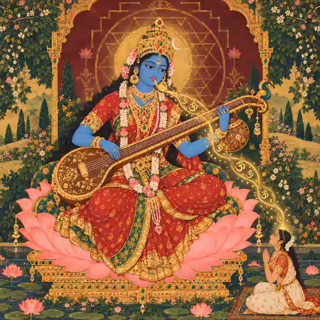 A radiant blue-skinned Hindu Goddess seated on a majestic pink lotus, playing a veena as a glowing stream of golden Om symbols flows from her instrument to bless a kneeling devotee.