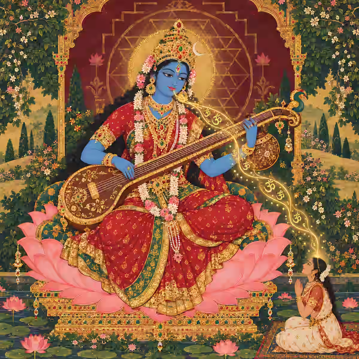 A radiant blue-skinned Hindu Goddess seated on a majestic pink lotus, playing a veena as a glowing stream of golden Om symbols flows from her instrument to bless a kneeling devotee.