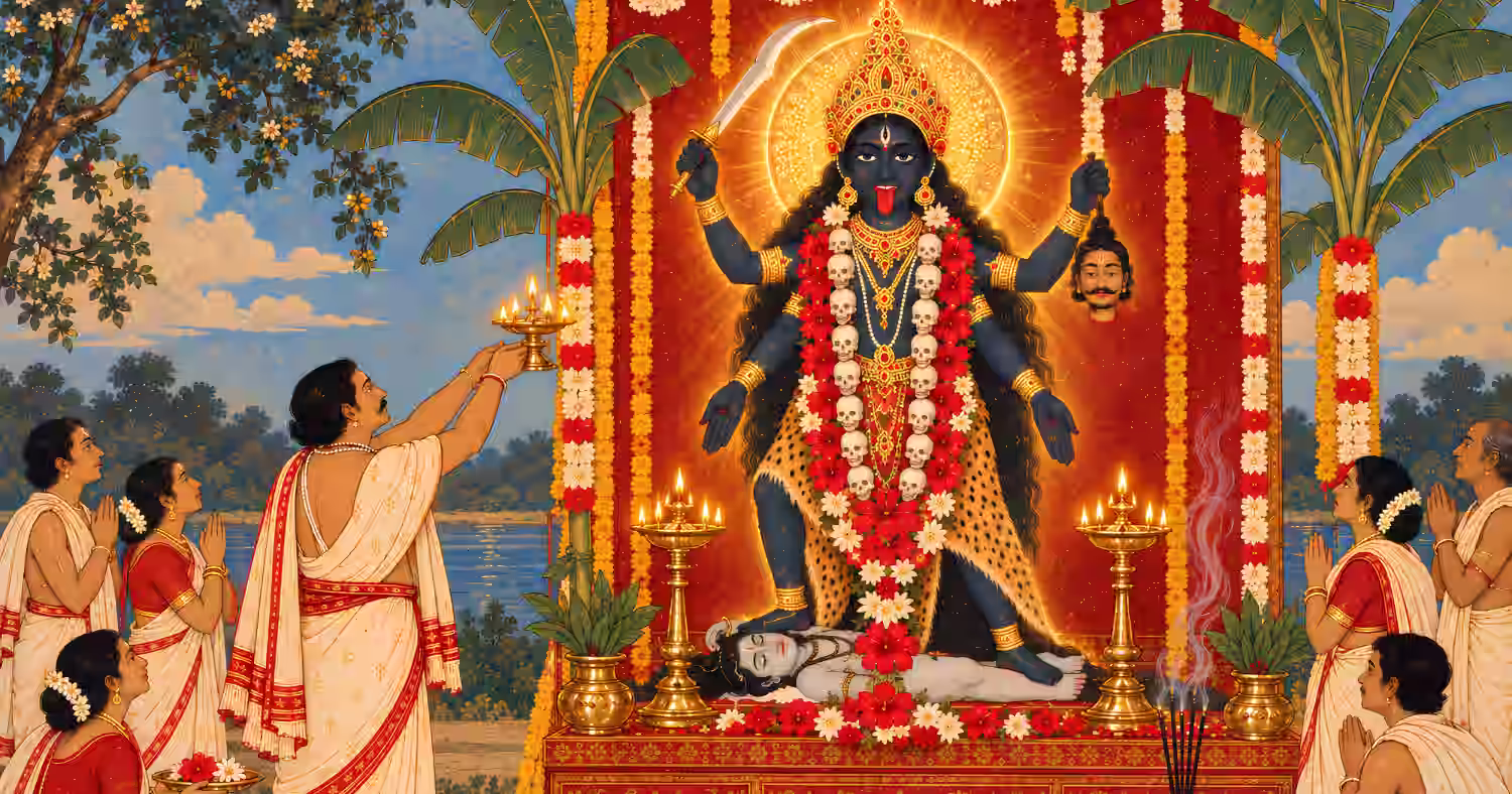 A group of devotees performing a grand traditional Aarti and offering prayers to a large idol of Goddess Kali.
